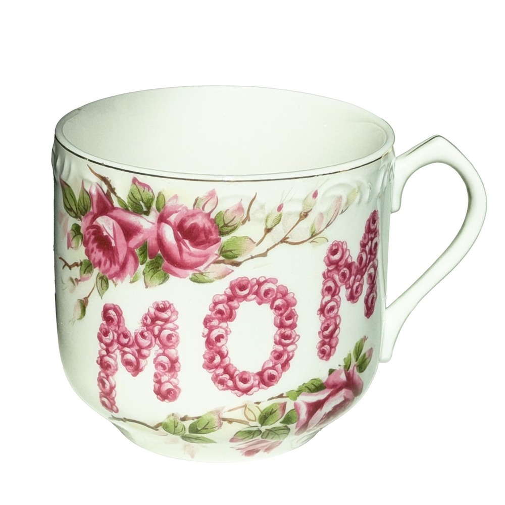 Vintage Lefton China "Mom" Coffee Cup 187 Hand Painted Pink Roses Signed